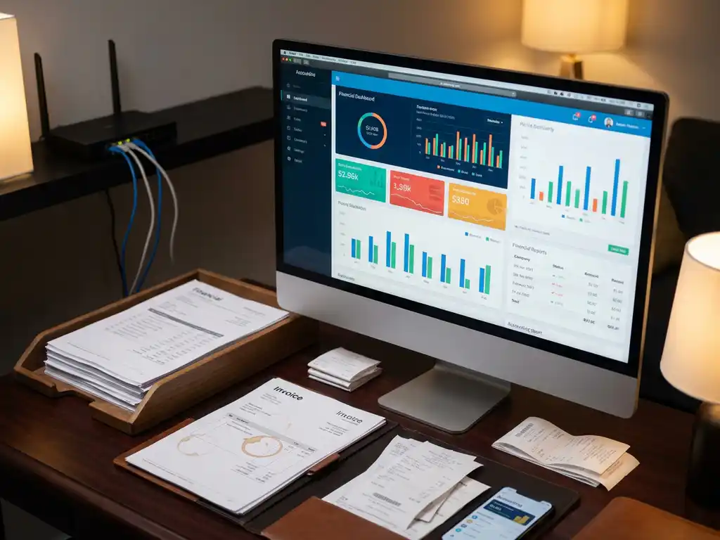 Desktopcomputer met kleurrijke datadashboards, omringd door financiële documenten en een smartphone met een boekhoud-app