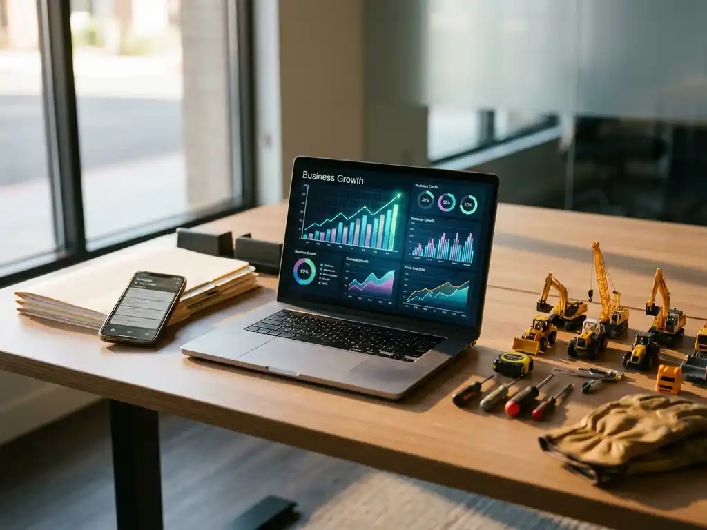 Moderner Schreibtisch im Büro mit offenem Laptop, der Business-Analytics-Diagramme zeigt, umgeben von Modellen von Baumaschinen und Projektordnern bei natürlichem Licht.