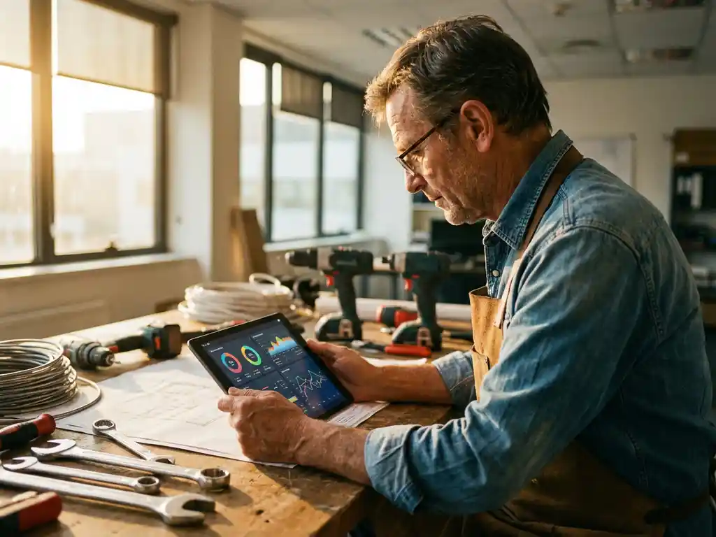 Business owner analyzing charts and graphs on tablet at desk with installation tools in golden hour lighting.