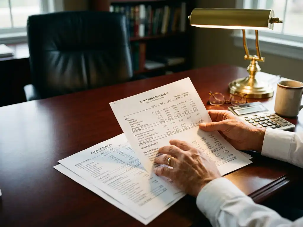 Business owner reviewing financial statements and profit loss charts at mahogany desk with calculator and reading glasses