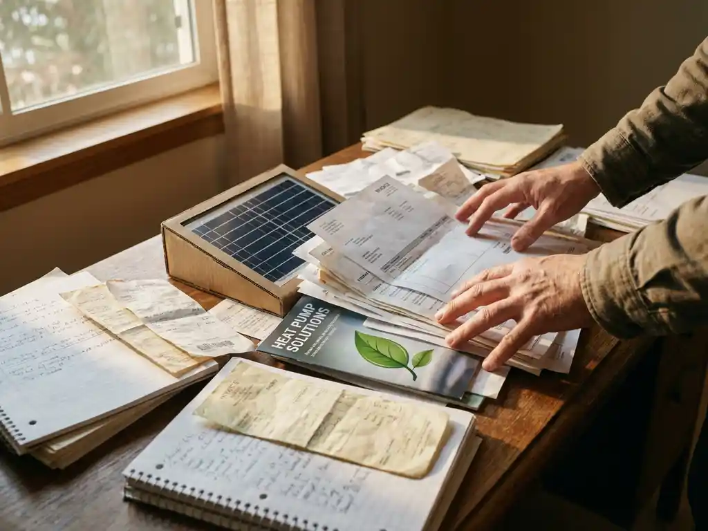 Handen van een ondernemer die verspreide facturen en projectnotities organiseert op een rommelig houten bureau met een zonnepaneel-mockup en een warmtepompbrochure