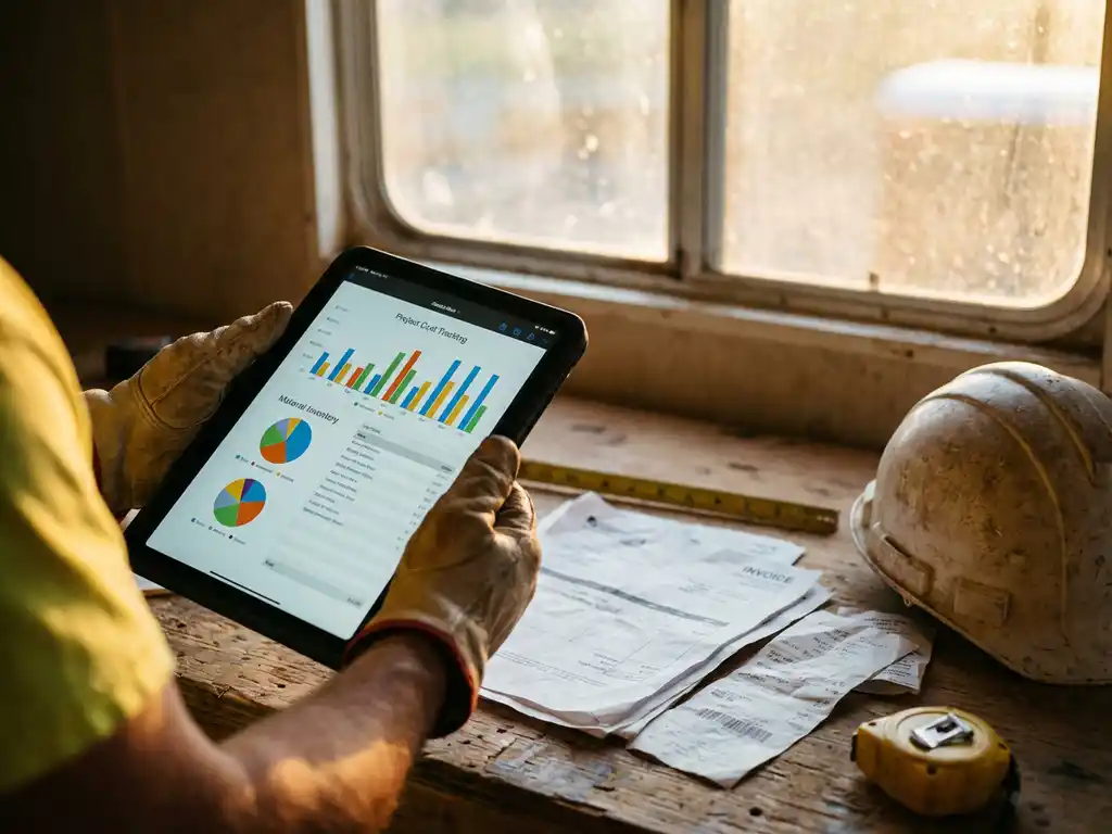 Bauarbeiter hält auf der Baustelle ein Tablet mit Kosten-Tracking-Diagrammen und Bestandsdaten; Rechnungen liegen auf dem Tisch