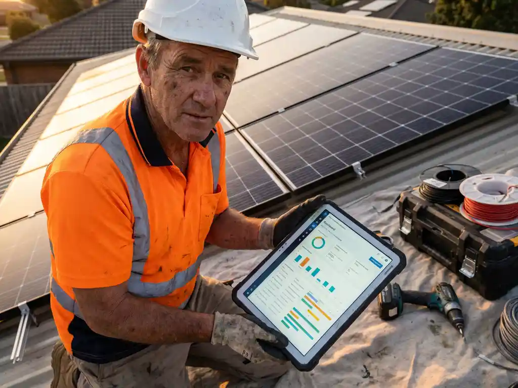 Bauarbeiter mit Schutzhelm nutzt ein Tablet, um ein Solarinstallationsprojekt auf einem Wohndach zu überwachen.