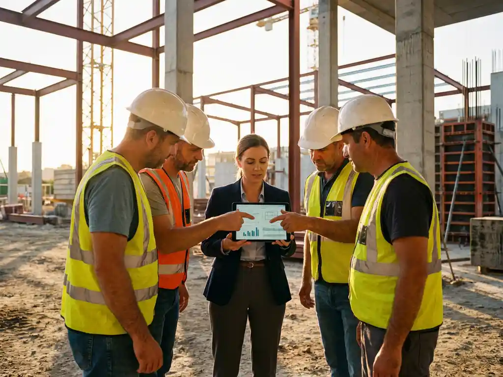 Zakelijke professional met tablet die bouwgegevens laat zien aan medewerkers met veiligheidshelmen op een zonovergoten bouwplaats