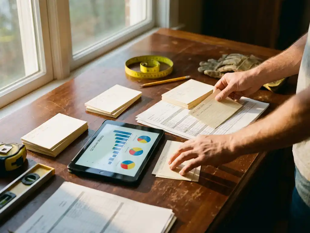 Contratista organizando fichas de datos de clientes y calendarios en un escritorio, con una tablet que muestra gráficos y herramientas de crecimiento empresarial