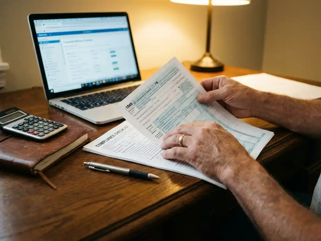 Professionele aannemer die belastingdocumenten en complianceformulieren bekijkt aan een houten bureau met een laptop en rekenmachine in de buurt