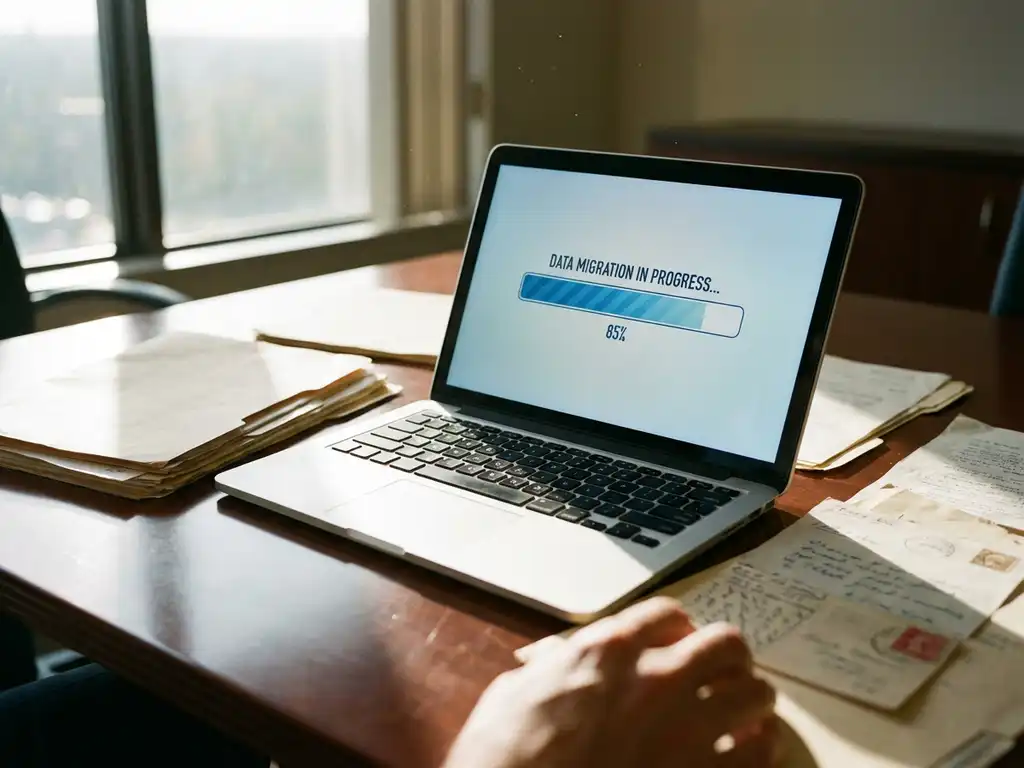 Ordinateur portable moderne affichant une barre de progression de migration de données sur une table de conférence avec des documents papier et des dossiers éparpillés