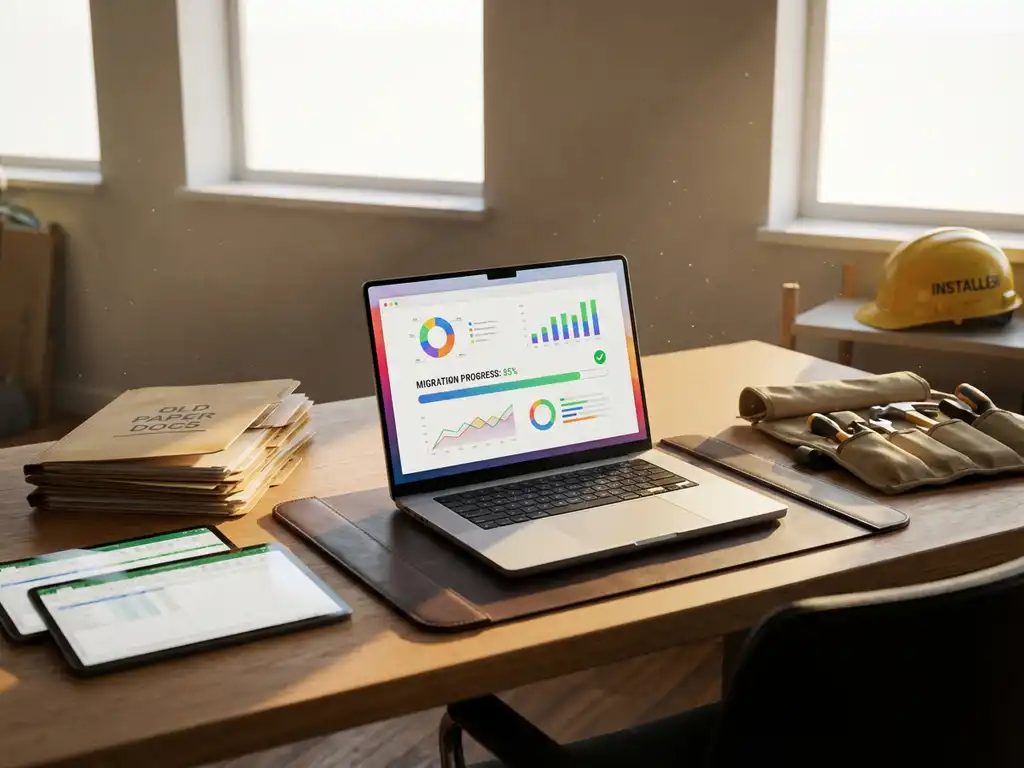Escritorio de oficina moderno con un portátil abierto que muestra gráficos de visualización de datos coloridos, rodeado de carpetas de archivos y tabletas digitales.