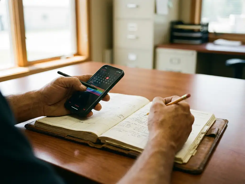 Manos de un trabajador de la construcción gestionando horarios en el calendario de un smartphone y libro de citas en papel sobre un escritorio de oficina