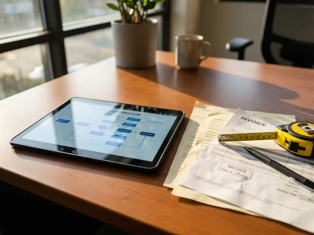 Tableta moderna que muestra una interfaz de flujo de trabajo digital en un escritorio de oficina con facturas en papel, cinta métrica y bolígrafo bajo luz natural.