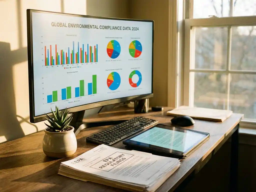 Computer monitor displaying environmental compliance charts and data graphs on modern office desk with plant and regulatory documents