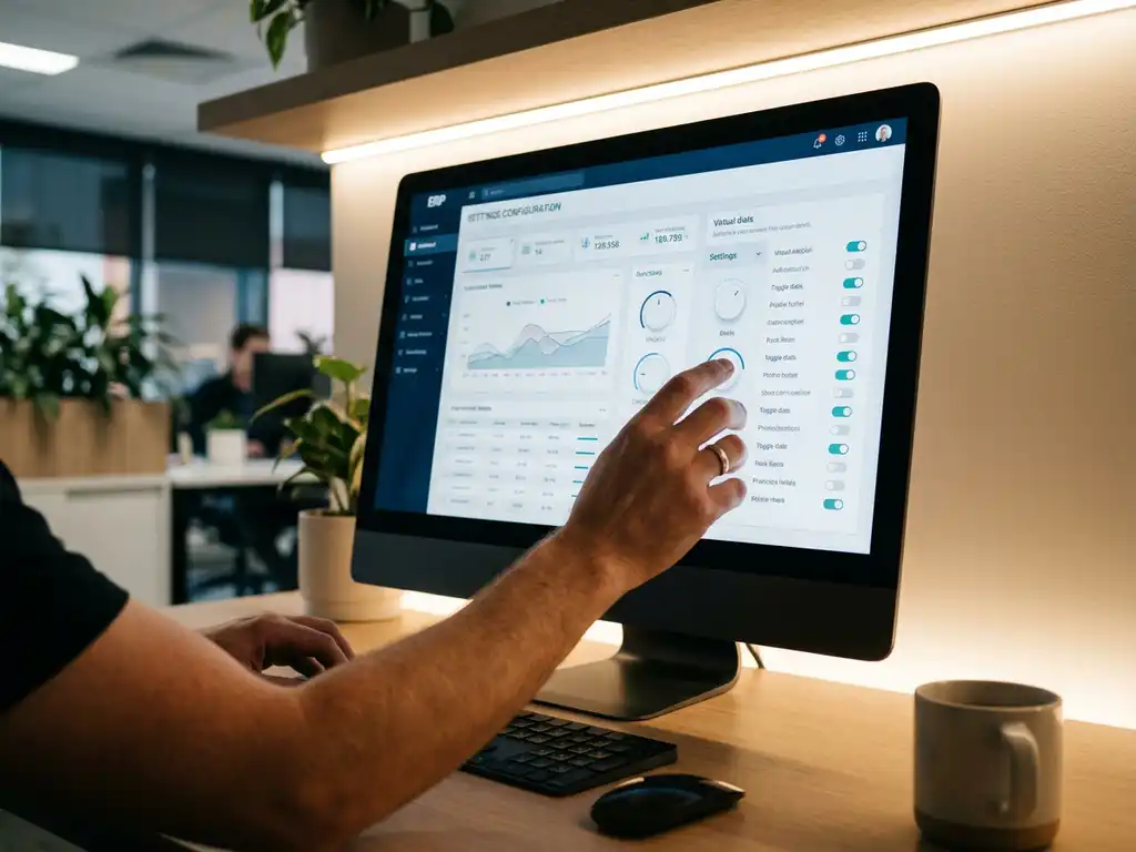 Professional installer configuring ERP dashboard settings on computer monitor in modern office workspace