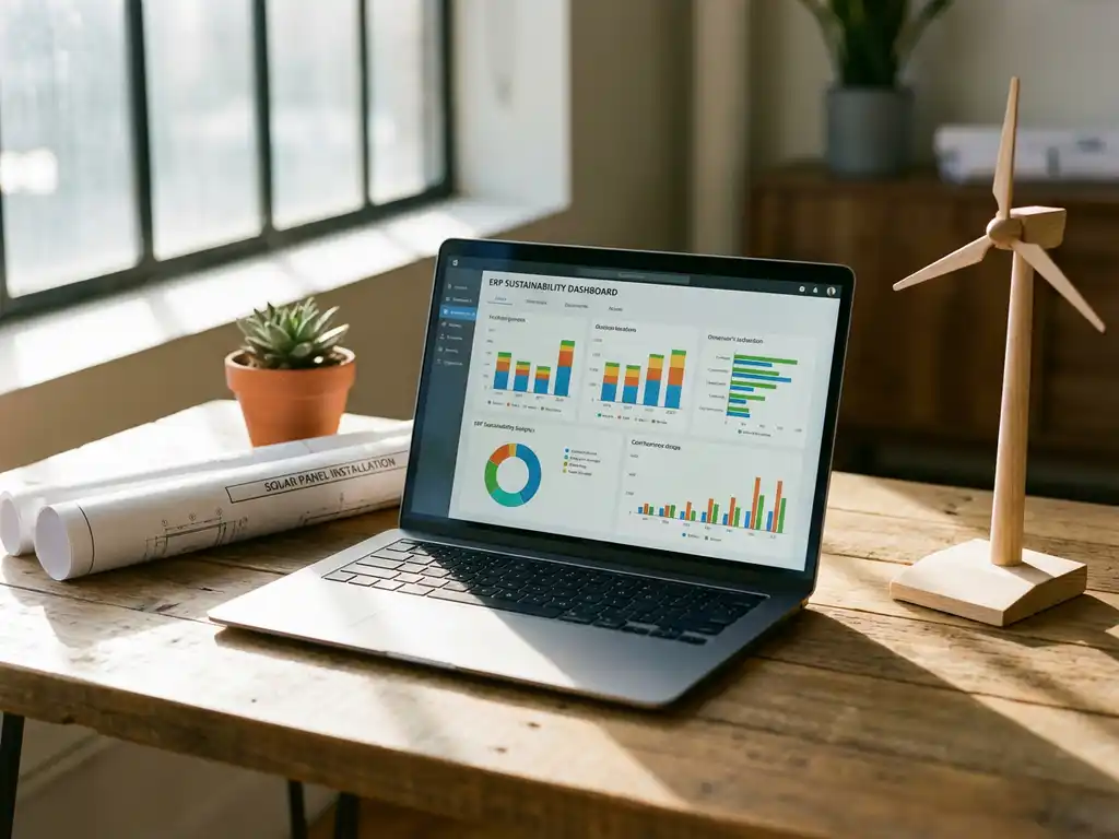 Open laptop displaying colorful ERP dashboard charts on wooden desk with potted plant, solar blueprints, and wind turbine model