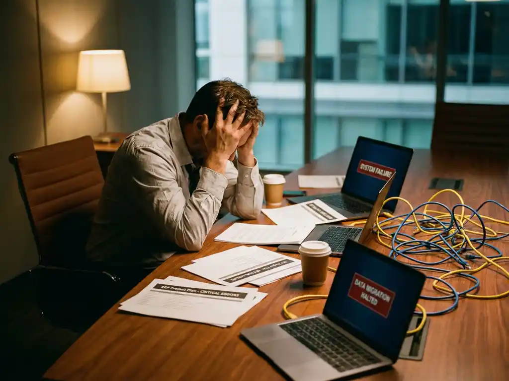 Frustrated business executive at conference table with scattered ERP documents, laptops showing errors, and tangled cables