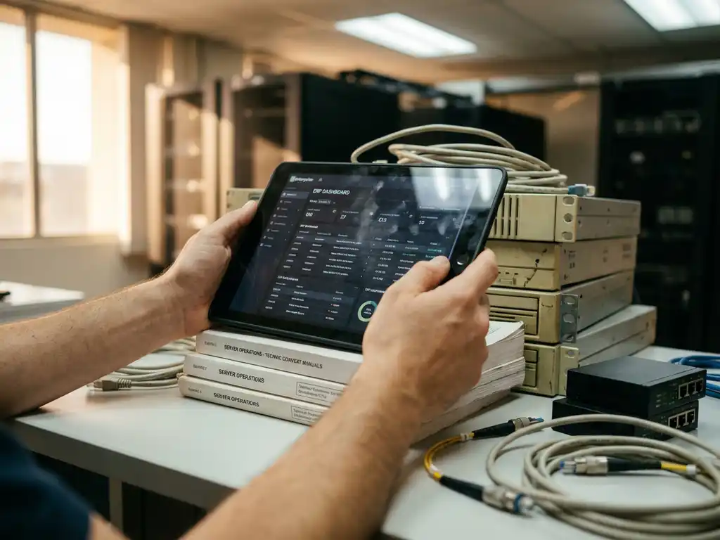 Instalador profesional sosteniendo una tableta que muestra la interfaz del software ERP sobre un escritorio con hardware de servidor y equipo de red