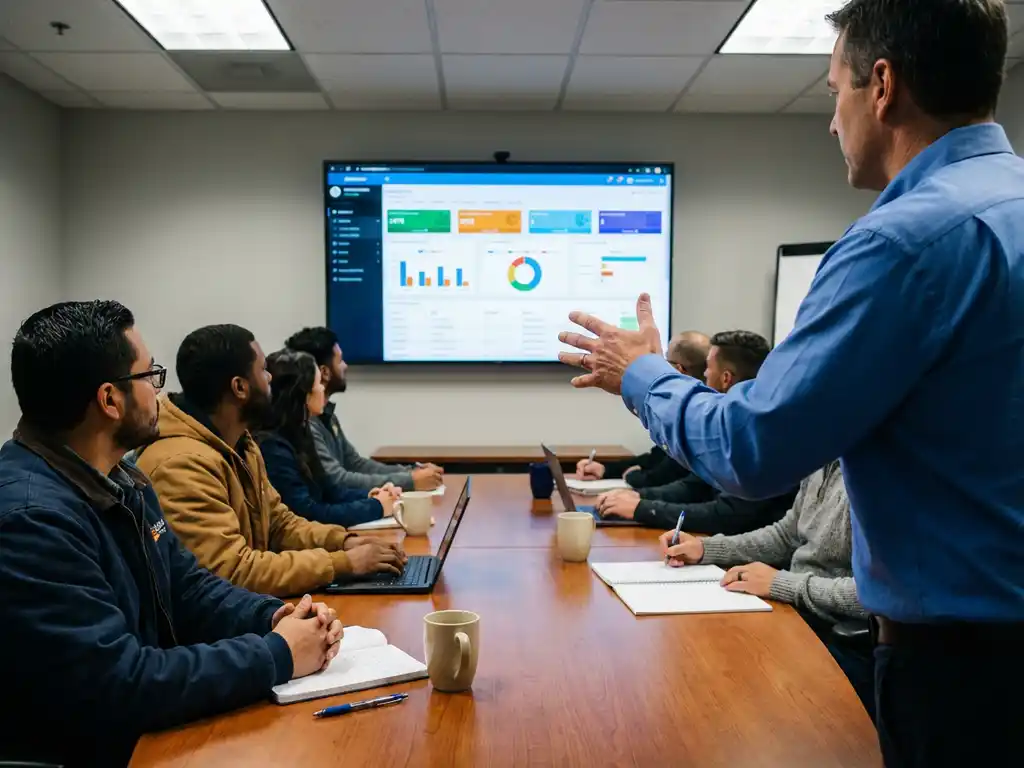 Instructor profesional enseñando software ERP a un grupo diverso de técnicos en una sesión de formación en sala de conferencias moderna
