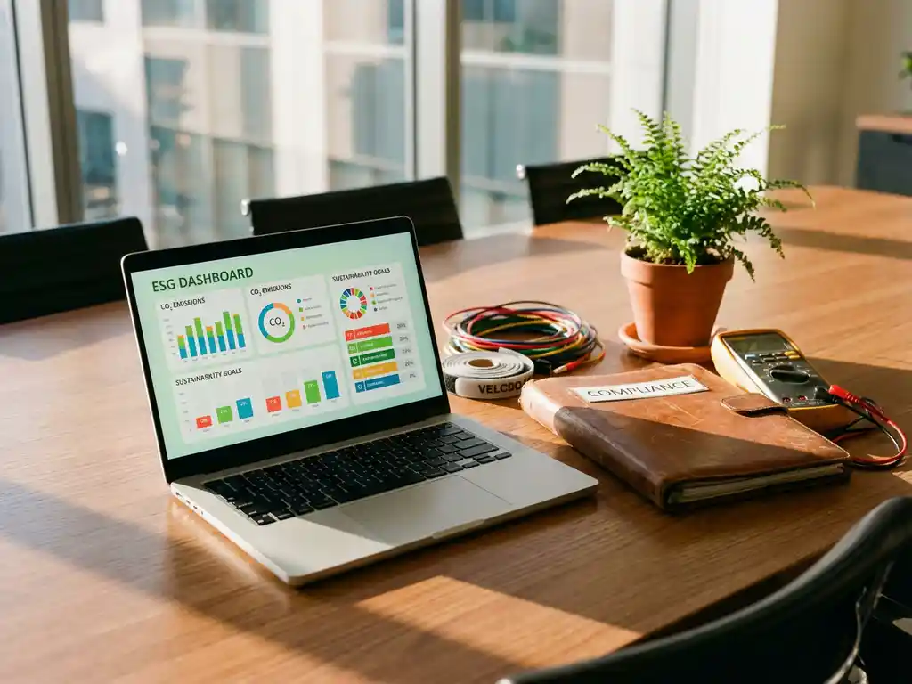 Laptop mit ESG-Dashboard-Diagrammen auf Konferenztisch mit Installationswerkzeugen, Compliance-Ordner und grüner Pflanze im Büro