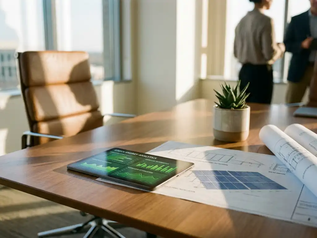 Tablet displaying green energy analytics on conference table with solar panel blueprints and plant in bright office