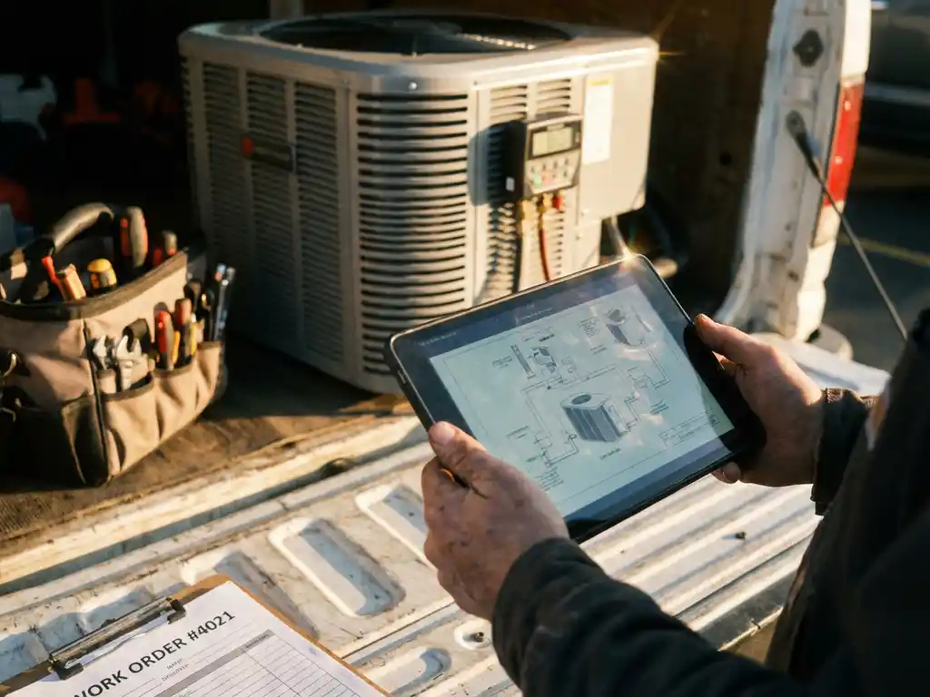 Technician using tablet displaying heat pump schematics next to outdoor unit with tools on van tailgate