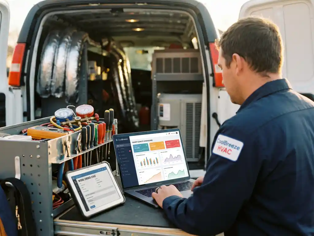 Técnico de climatización usando un portátil con panel de análisis en una furgoneta de servicio con equipos de aire acondicionado y herramientas