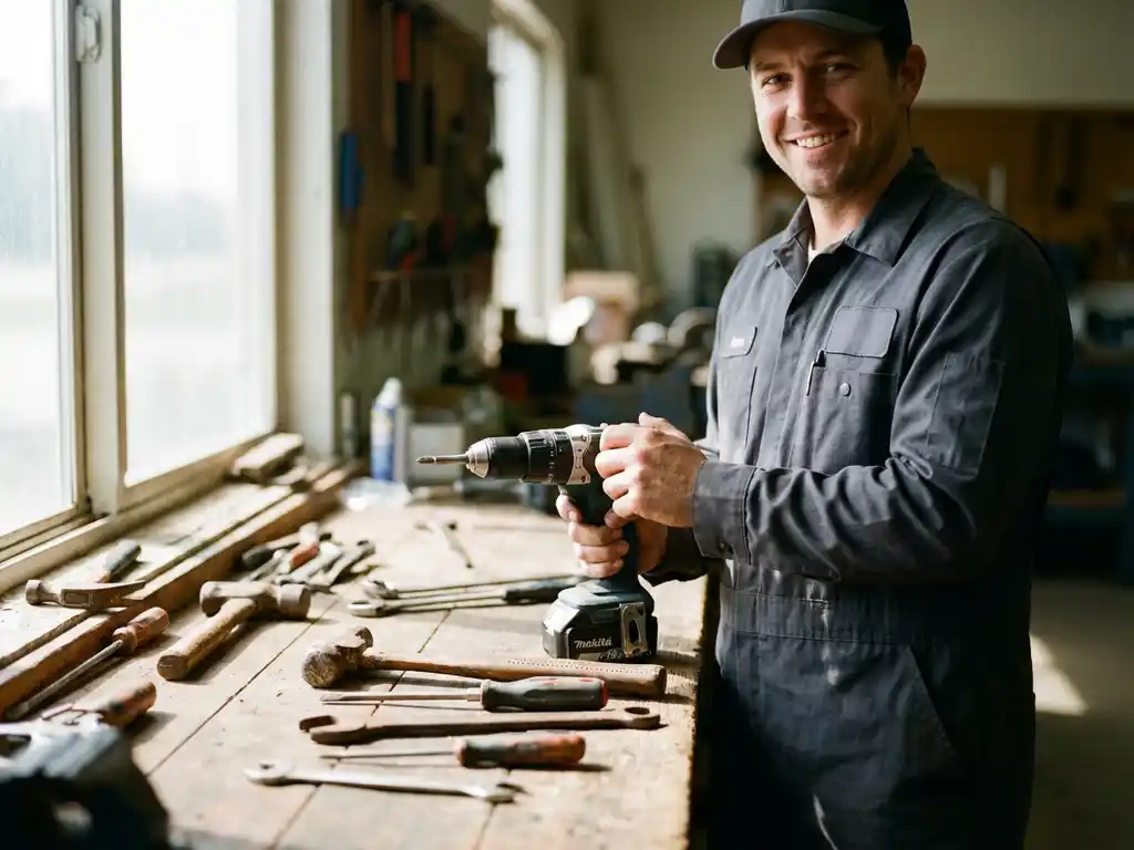 Professionele installatiemonteur met een moderne boormachine in een lichte werkplaats met oud handgereedschap op de werkbank