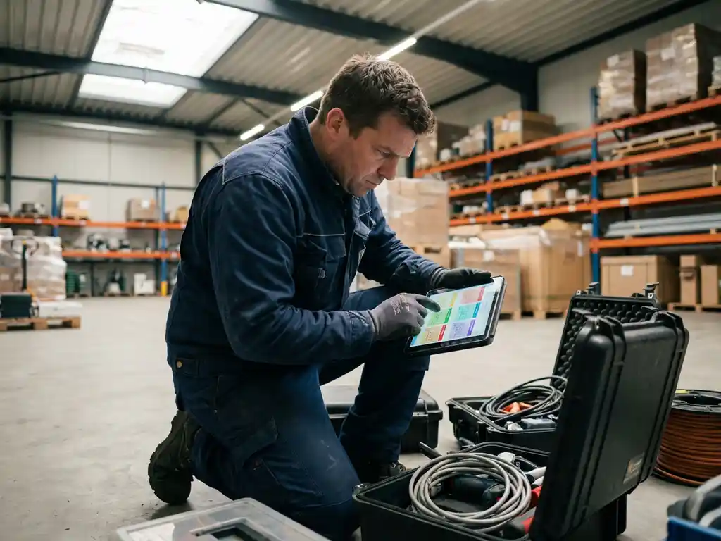 Técnico profesional revisando una colorida cuadrícula de programación en una tablet en un almacén organizado con herramientas y equipos