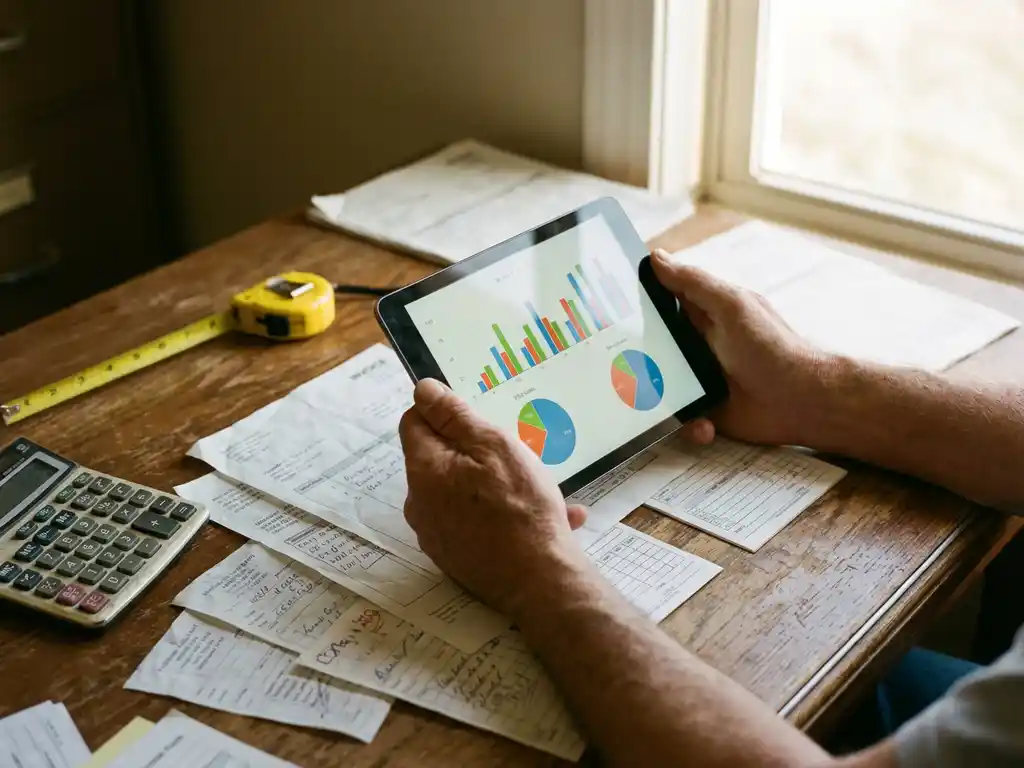Professional installer reviewing profit charts on tablet with invoices, calculator, and measuring tape on wooden desk
