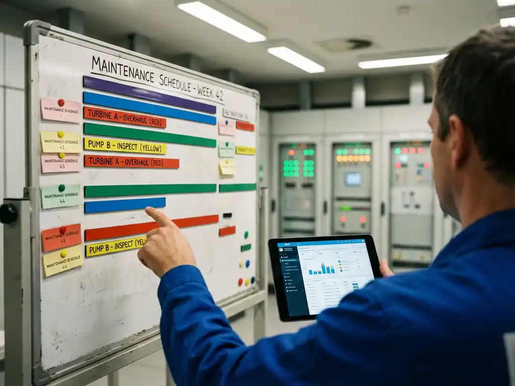 Gerente de instalaciones señalando el panel de programación de mantenimiento codificado por colores mientras sostiene una tableta con software ERP en una sala de control industrial