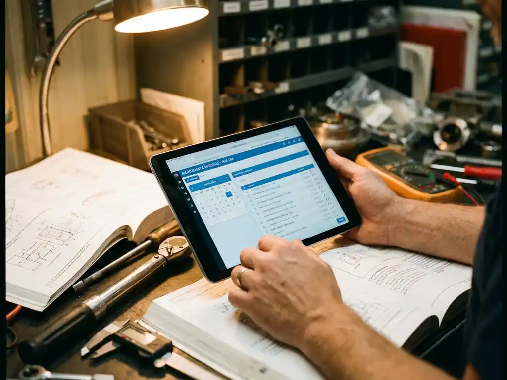 Professioneller Installateur nutzt Tablet mit Wartungsplanungssoftware an einer Werkbank, umgeben von Werkzeugen und Handbüchern