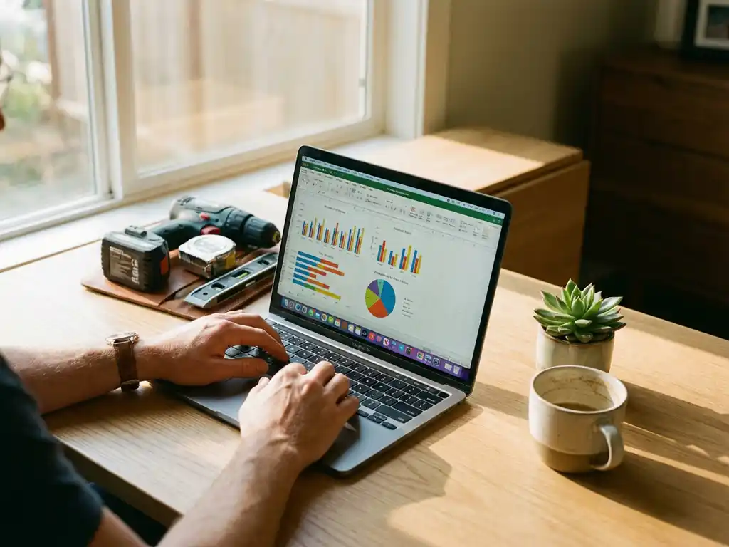 Modern bureau met laptop die een kleurrijk analytics-dashboard toont, omringd door gereedschap, een plant en een koffiemok