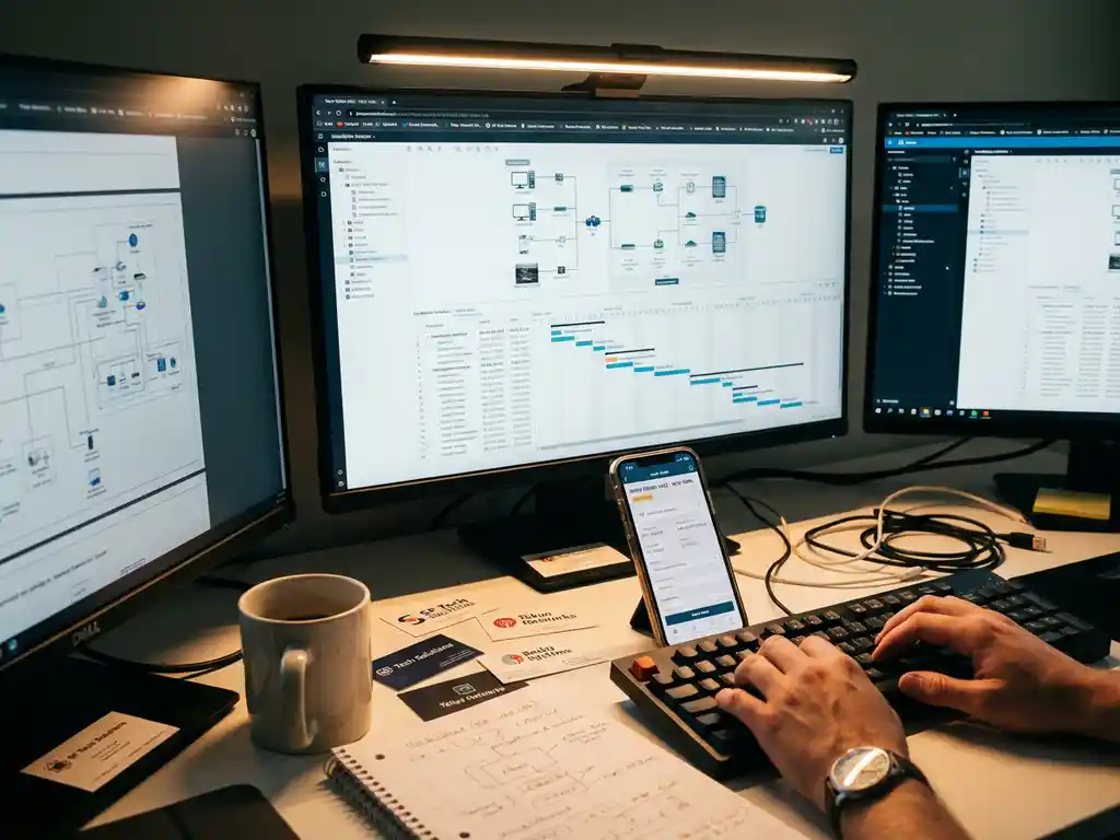 Bureau met meerdere monitoren die netwerkdiagrammen tonen, smartphone met werkorder-app en verspreide visitekaartjes