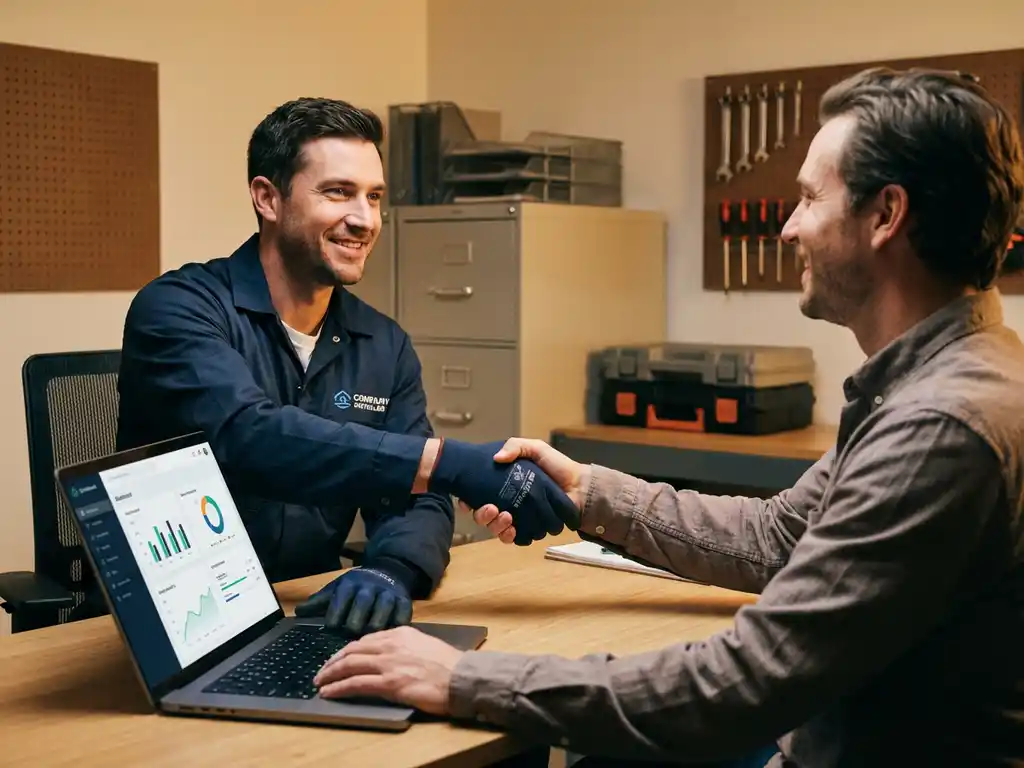 Professioneller Installateur und zufriedener Kunde geben sich über dem Schreibtisch die Hand, mit Laptop, der ein Service-Dashboard in einem aufgeräumten Büro zeigt