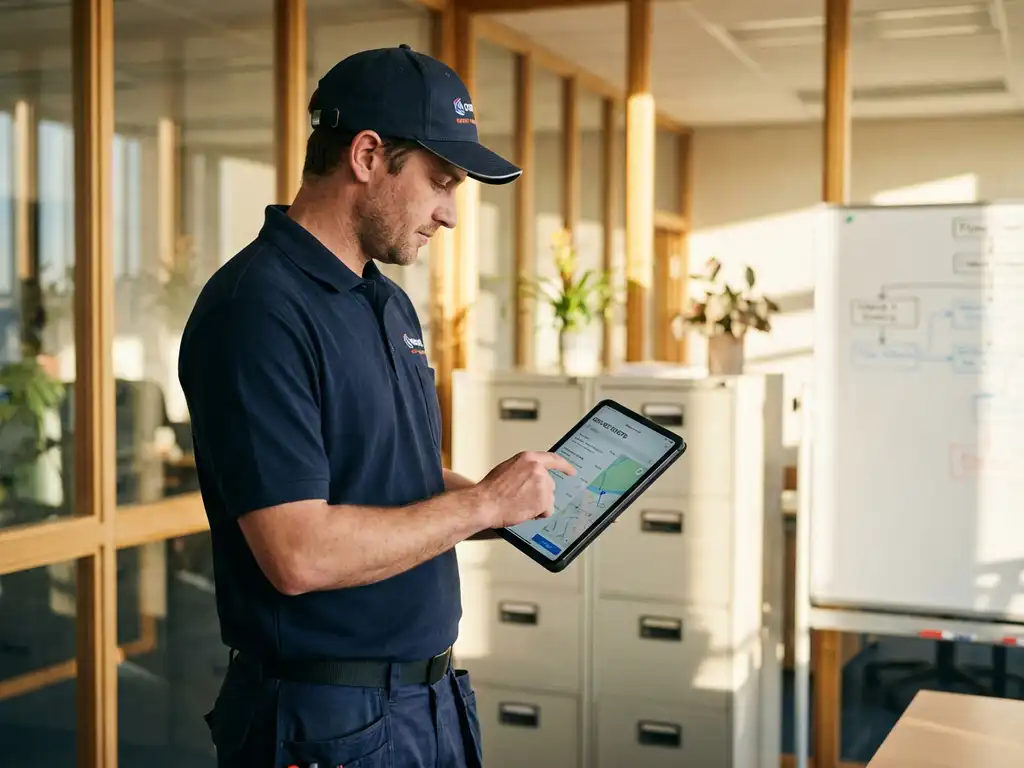 Professionele installateur in uniform bekijkt servicetickets op een tablet in een modern kantoor met archiefkasten en grafieken.