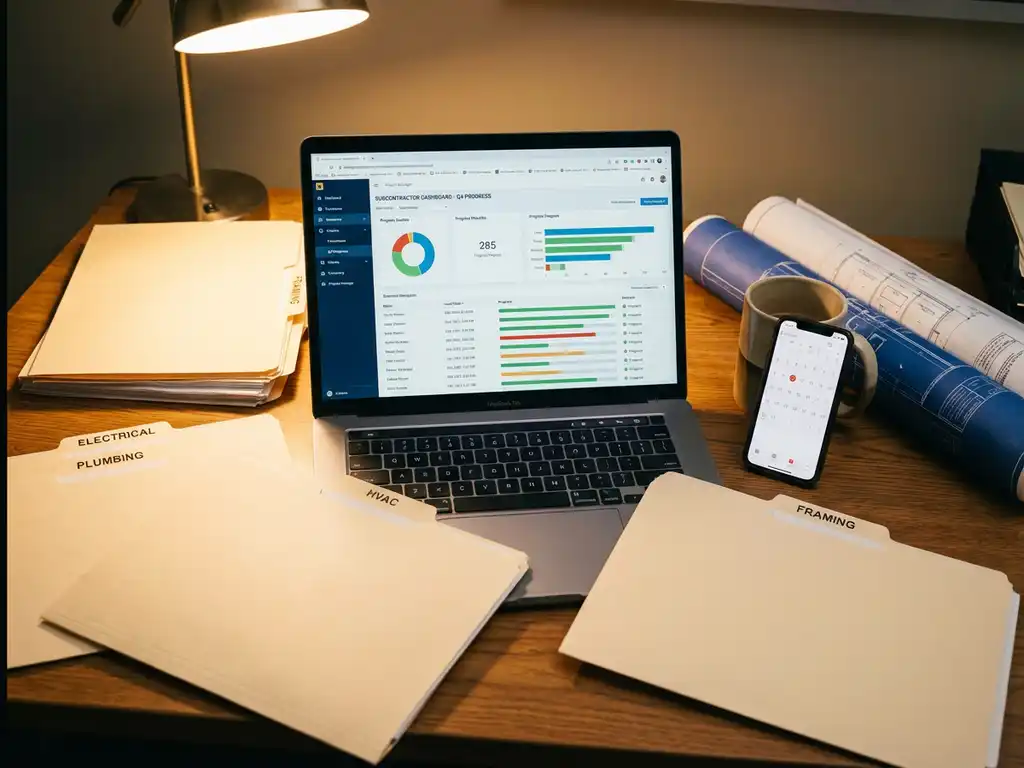 Project manager's desk with laptop displaying subcontractor dashboard, organized trade folders, and architectural blueprints