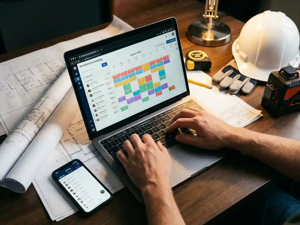 Chef de projet à son bureau utilisant un ordinateur portable pour la planification des effectifs, avec des plans, des casques de chantier et des équipements de sécurité à proximité.