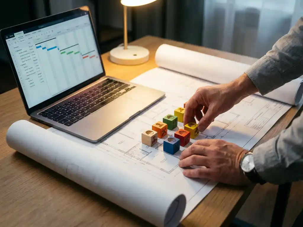 Projectmanager die kleurrijke houten resourceblokken rangschikt op een architecturale blauwdruk met een laptop die een Gantt-diagram op het bureau toont