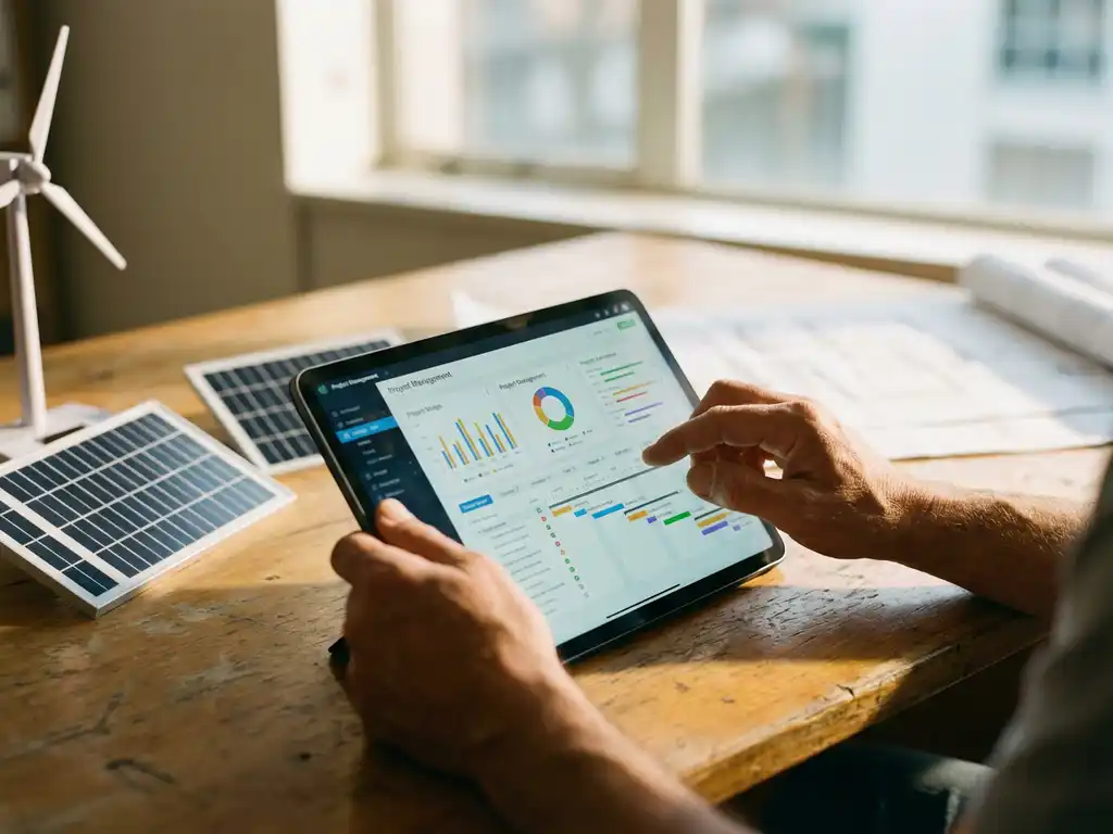 Hände bedienen Tablet mit Projektmanagement-Dashboard auf Holzschreibtisch neben Solarmodell und Windturbinenmodellen im Büro