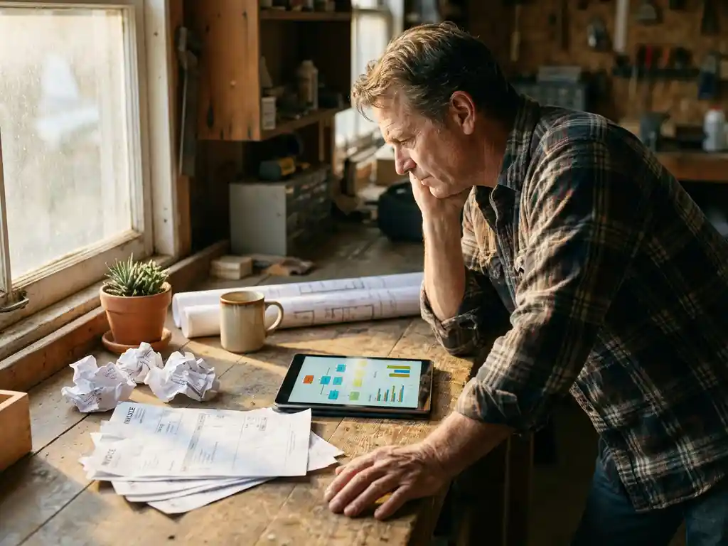 Kleine ondernemer die workflowdiagrammen bekijkt op een tablet aan een houten bureau met facturen, blauwdrukken, een vetplant en een kop koffie in warm middaglicht