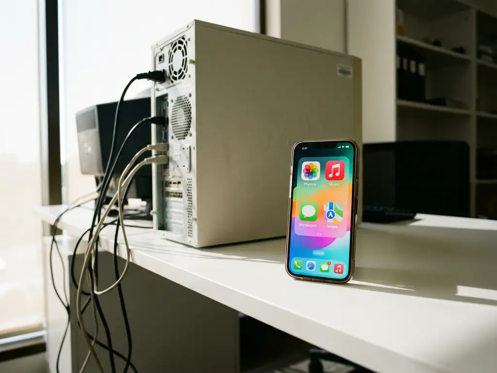 Modern smartphone with colorful app icons next to desktop computer tower on white office desk with natural lighting.