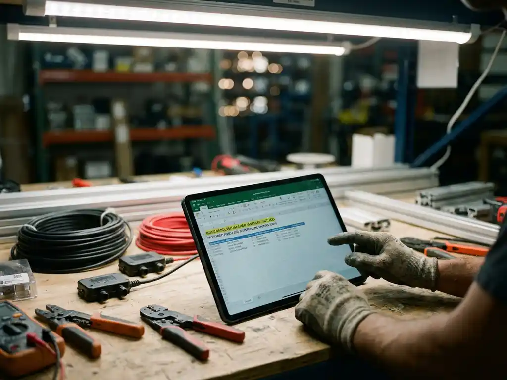Aannemer gebruikt tablet om planningen voor zonnepaneelinstallaties te bekijken op werkbank met zonnecomponenten en elektrisch gereedschap
