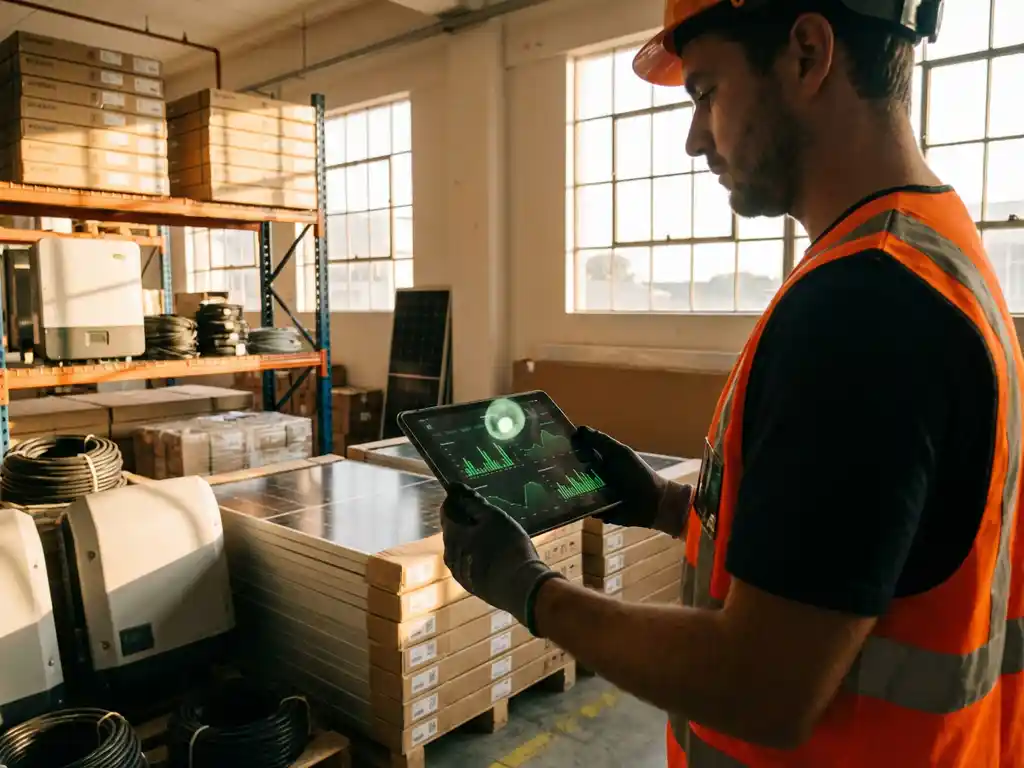 Instalador profesional con chaleco de alta visibilidad revisando análisis ecológicos en una tableta en un almacén de paneles solares con iluminación natural.