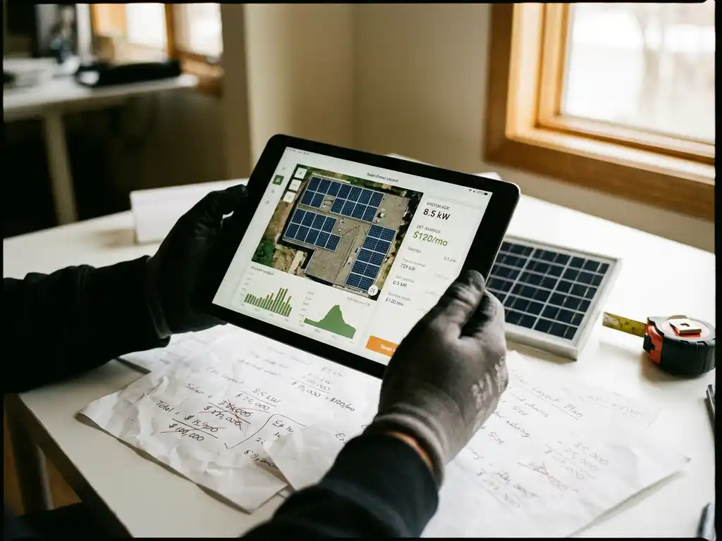 Zonnepaneel-installateur houdt tablet vast met paneelberekeningen boven papieren offertes op bureau met zonnemodel en meetgereedschap