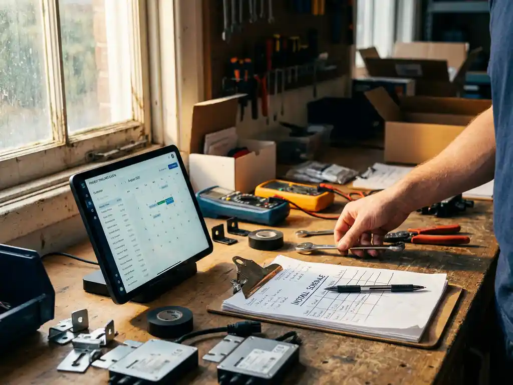 Werkbank van een professionele installateur met een digitale tablet met projectgegevens naast een handgeschreven klembord, omringd door gereedschap voor de installatie van zonnepanelen en montagemateriaal