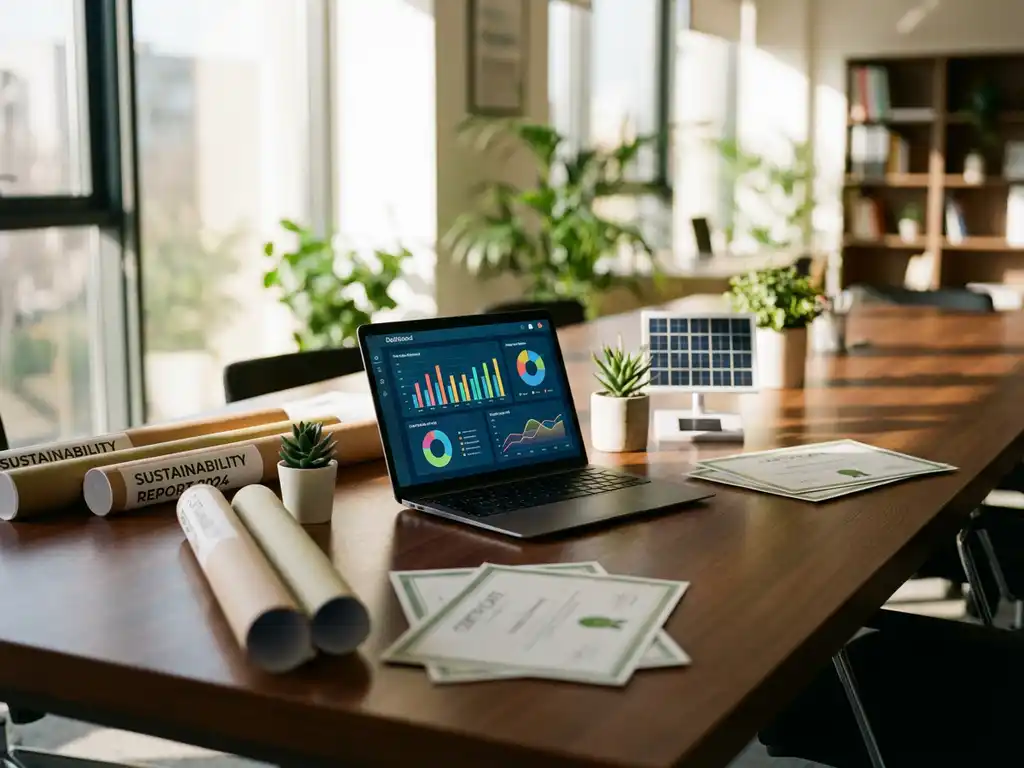 Laptop displaying colorful data dashboards on conference table with sustainability reports and green building documents
