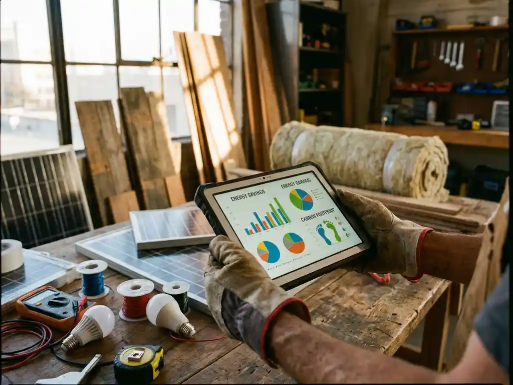 Professioneller Installateur hält ein digitales Tablet mit Nachhaltigkeitsdiagrammen auf einer Werkbank mit Solarmodulen und Tools für grünes Bauen