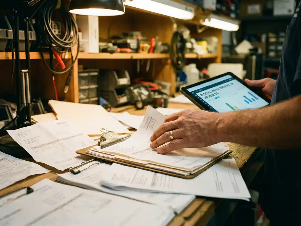 Hände eines Installationstechnikers, der ein Tablet für digitale Arbeitsaufträge auf einem überladenen Werkstattschreibtisch mit Papierrechnungen verwendet.