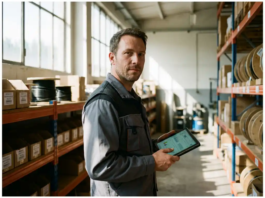 Técnico profesional revisando datos de clientes en una tablet en un almacén organizado con luz natural