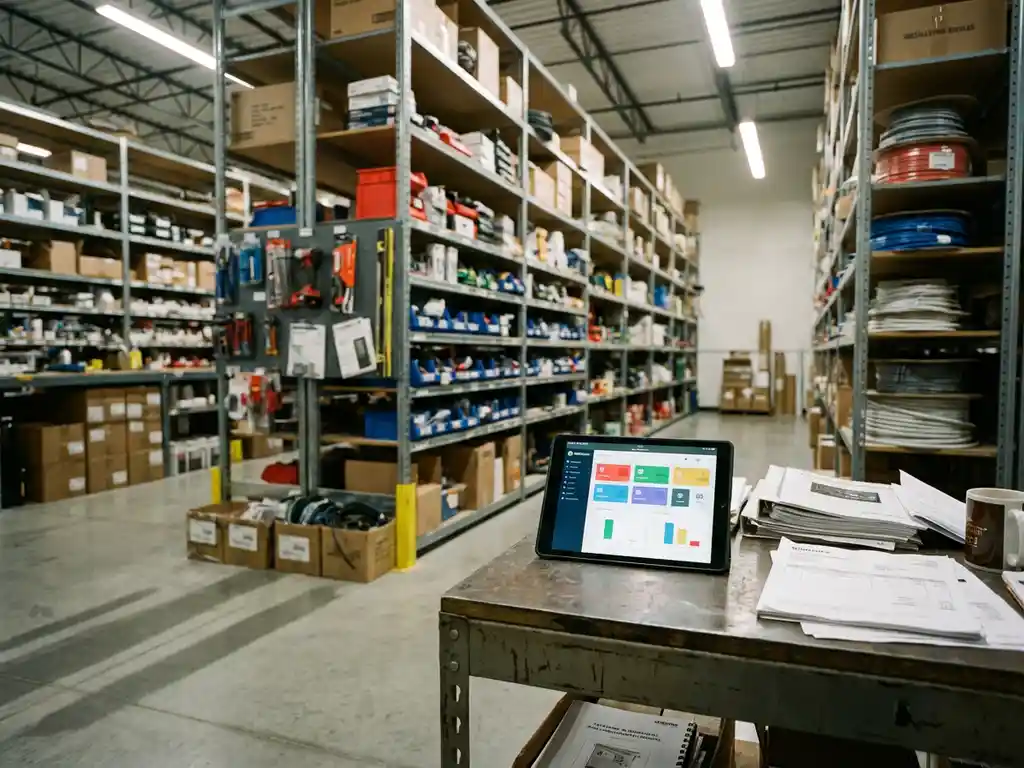 Tablet displaying inventory management software on workbench in organized warehouse with shelving units and equipment