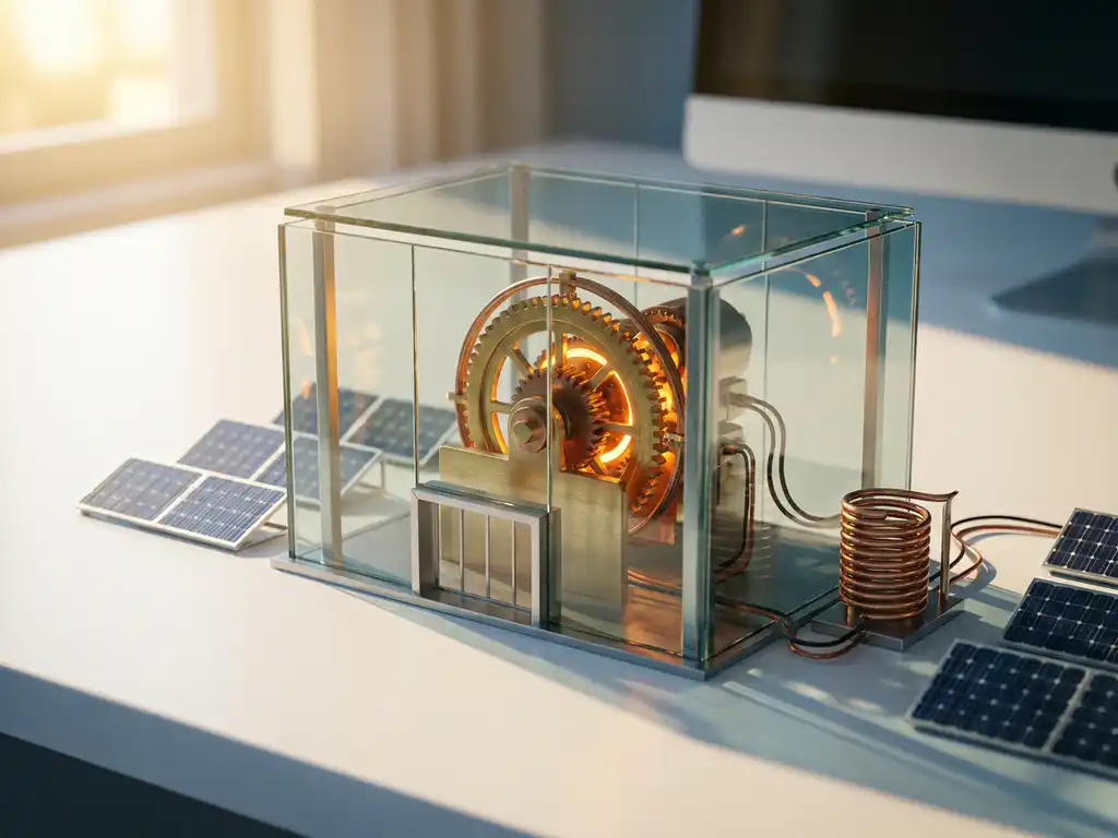 Glowing gear inside a glass office building model beside miniature solar panels and a coiled heat pump on a white desk.