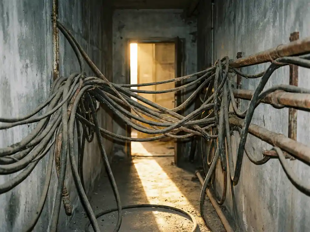 Tangled industrial cables and pipes blocking narrow concrete corridor with bright sunlight streaming through doorway ahead